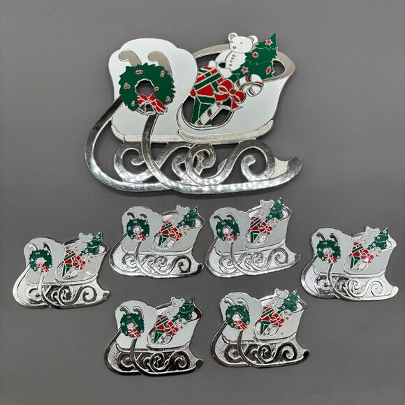 WM A Rogers Christmas Sleigh Trivet Coaster Set Silver Plated Enamel Holiday Lot - Picture 1 of 12